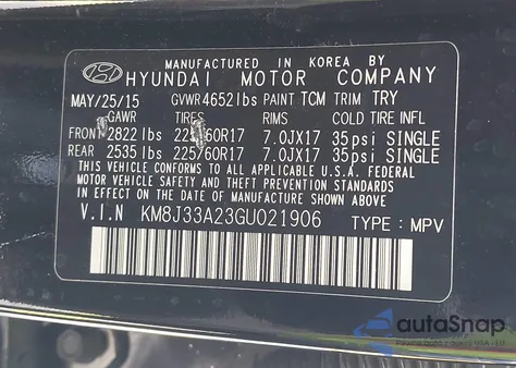 2016 Hyundai Tucson Eco из США, поврежденный, VIN KM8J33A23GU021906